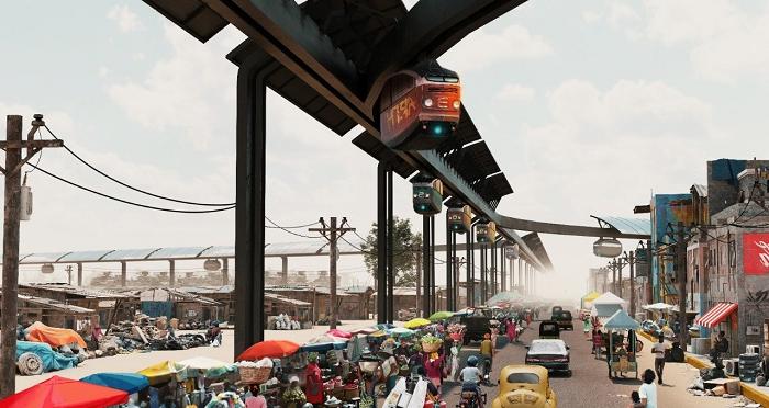  Solar-powered automated transit would be above the ground-floor level. (Credit: Arturo Millan/RODZ+)